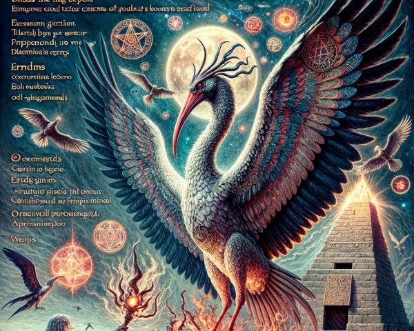 Mythical Crane Creature on Glowing Water Platform