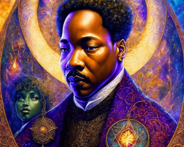 Regal Figure in Purple Robe with Colorful Backdrop