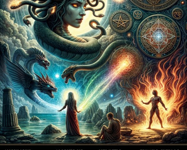 Mystical Scene with Cosmic Symbols and Mythical Creatures