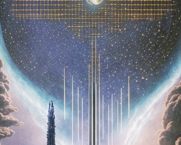 Figure in Suit with Staff Against Cosmic Backdrop