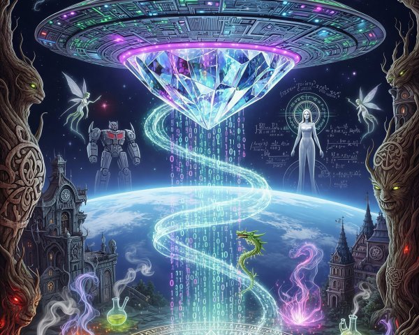 Digital Painting of Sci-Fi Landscape with UFO and Fairies