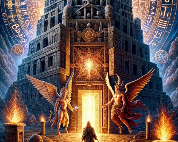 Ancient Tower Surrounded by Clouds and Winged Guardians
