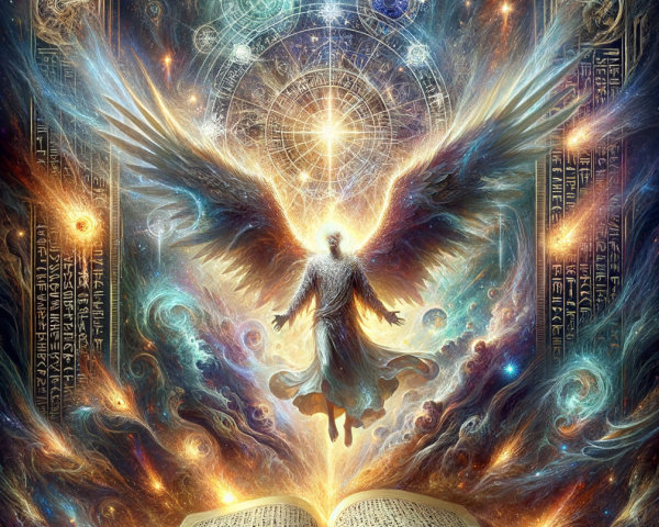 Celestial Figure Above Open Book in Vibrant Cosmos