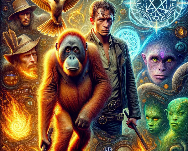 Surreal Scene with Central Figure and Mystical Beings