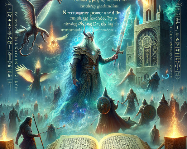 Mystical Scene with Towering Figure and Glowing Sword