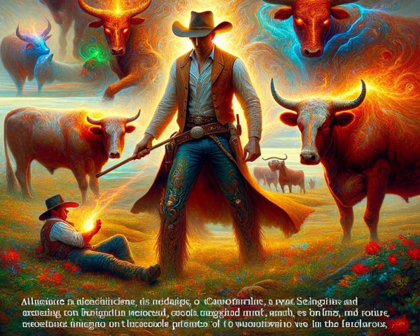 Cowboy in Surreal Landscape with Ethereal Bulls