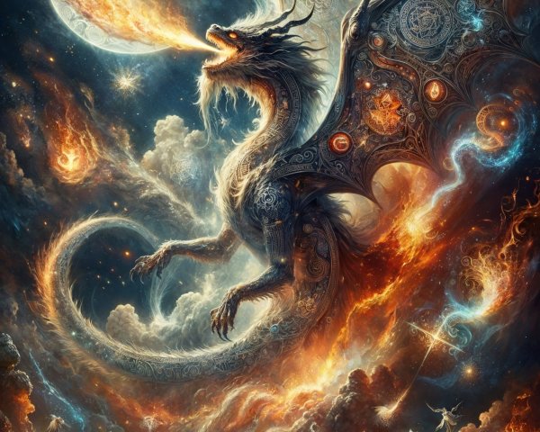 Majestic dragon in a vibrant cosmic landscape