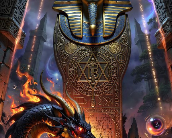 Fantasy Illustration of a Black Dragon and Sarcophagus