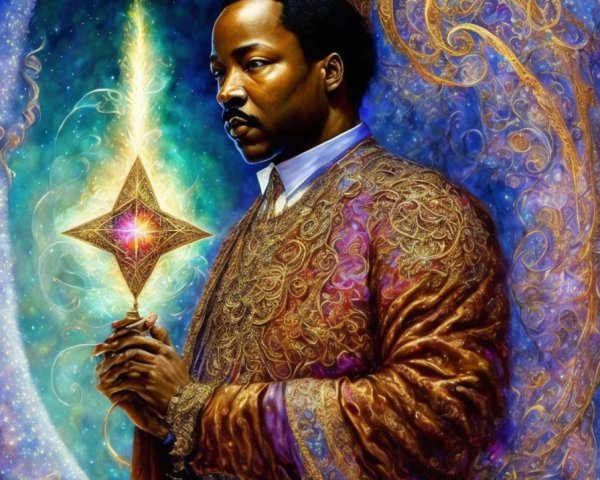 Regal figure in robes with star-shaped object and dove