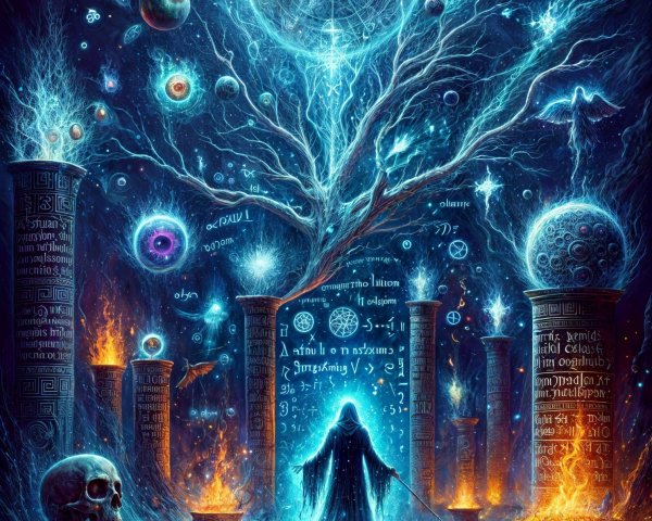 Mystical Tree Surrounded by Celestial Spheres and Flames