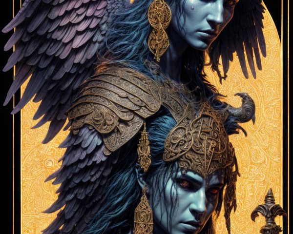 Ethereal Figures with Wings and Ornate Background
