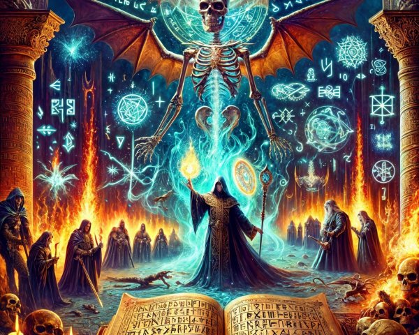 Towering Skeleton Over Cloaked Figures and Ancient Book