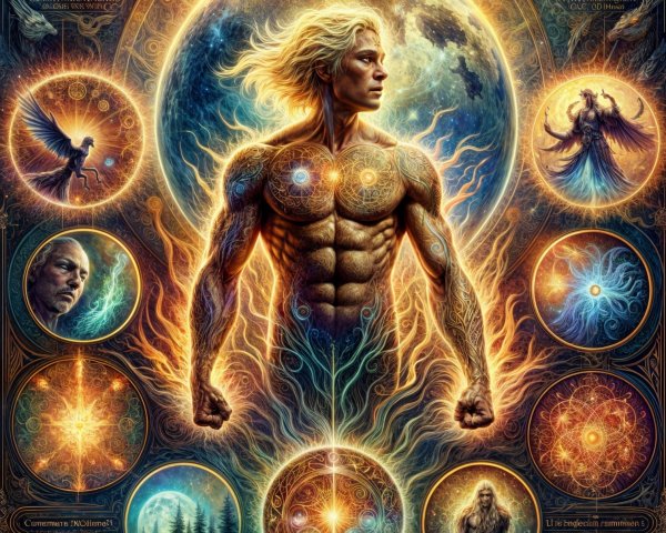 Muscular Figure Surrounded by Cosmic Energies and Symbols