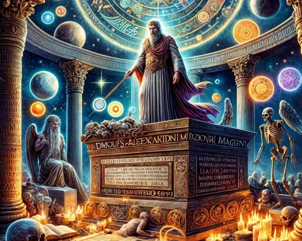 Mystical Chamber with Celestial Bodies and Scrolls