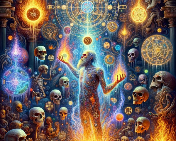 Mystical Figure Surrounded by Ethereal Flames and Symbols