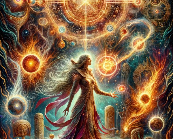 Mystical Figure in Cosmic Scene with Ancient Runes