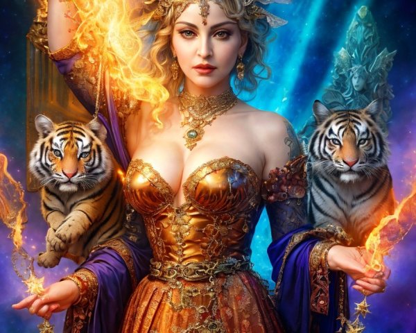 Ornate Golden Gown in Ethereal Realm with Tigers