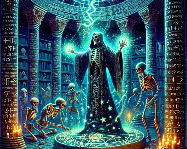 Hooded Figure Casting Spell in Mystical Chamber