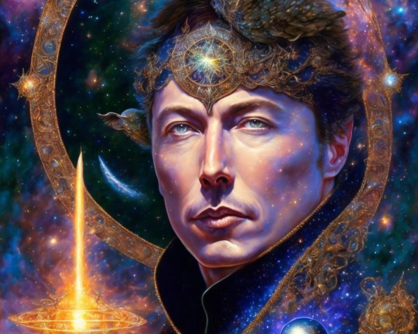 Cosmic Portrait with Celestial Crown and Galaxies