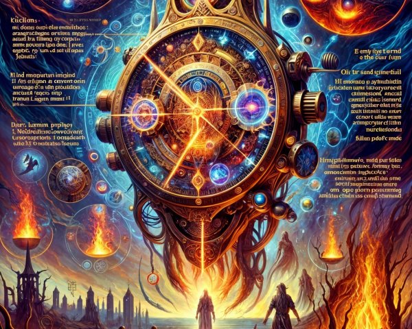 Majestic Clock Surrounded by Celestial Symbols and Eyes