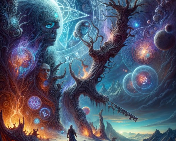 Cosmic Landscape with Mystical Tree and Celestial Bodies