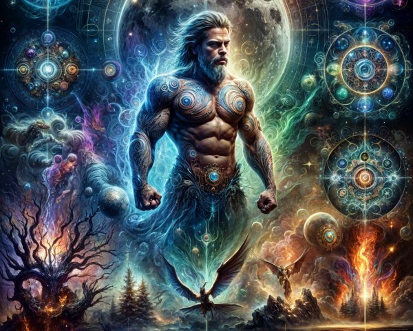 Mythical Figure Surrounded by Cosmic Elements and Mandalas