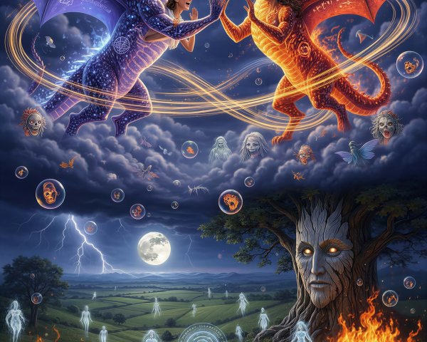 Vibrant Scene of Solar Eclipse with Dragons and Runes