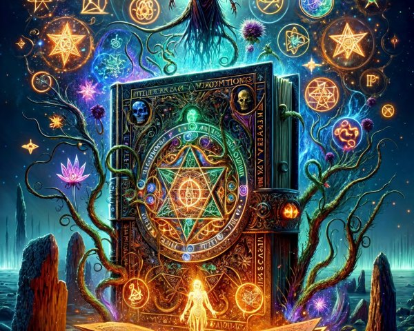 Mystical Book Surrounded by Ethereal Symbols and Light