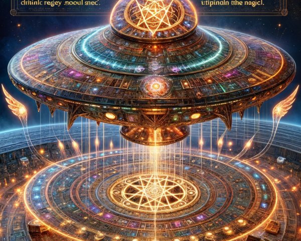 Futuristic structure resembling a hovering spacecraft