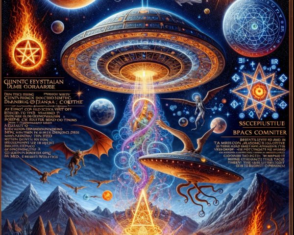 Vibrant Cosmic Scene with UFO Over Mountain Landscape