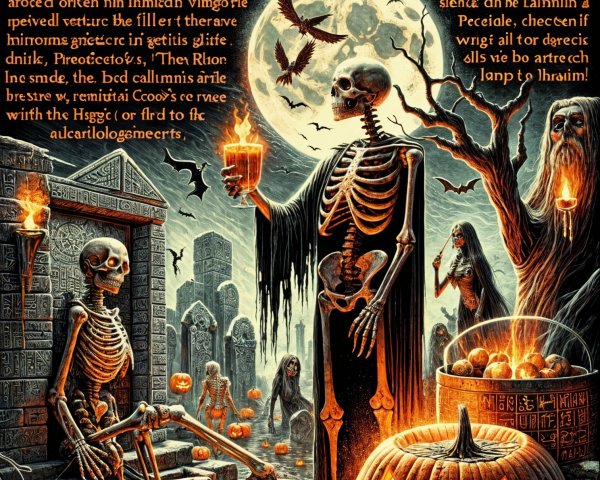 Spooky Halloween Scene with Skeletons and Pumpkins