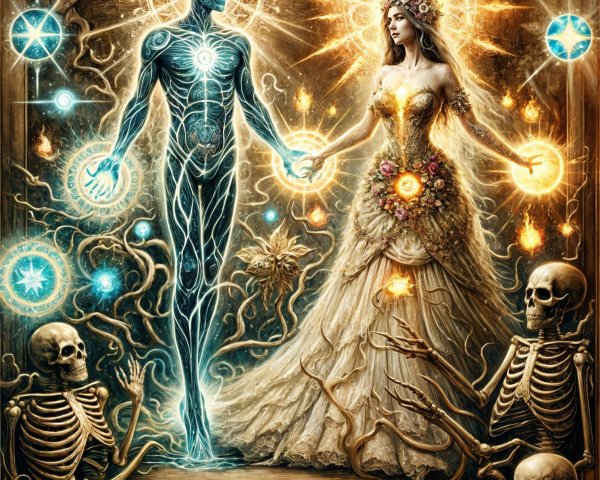 Mystical Scene with Ethereal Figures and Symbols