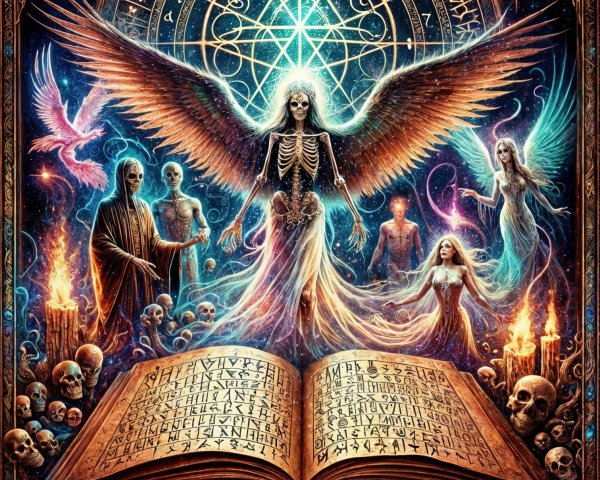 Mystical Scene with Skeletal Figure and Ethereal Beings