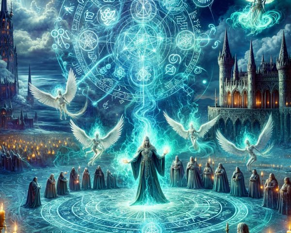 Wizard in Magical Circle Under Full Moon and Stars