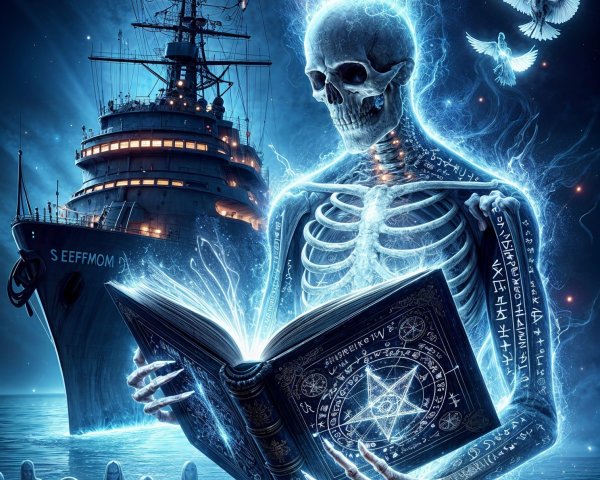 Glowing Skeletons Reading on Dark Shoreline with Ship