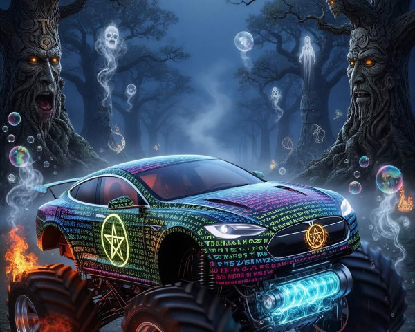 Enchanted Forest Scene with Monster Truck and Moonlight