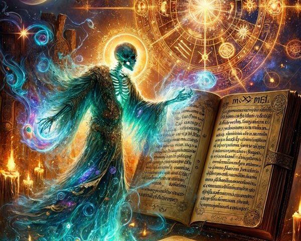 Glowing Skeleton in Ethereal Robes with Spellbook