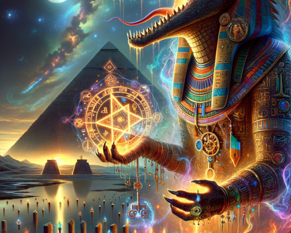 Crocodile-Headed Figure Before Glowing Pyramid