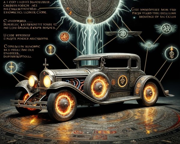 Vintage car with glowing wheels in cosmic setting