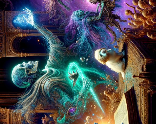 Surreal Cosmic Scene with Ethereal Figures and Nature