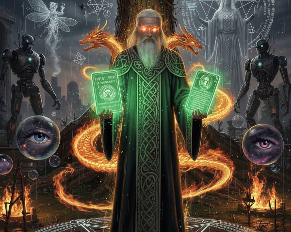 Dark Mystical Scene with Wizard, Robots, and Dragon