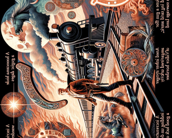 Surreal Landscape with Train and Mystical Symbols