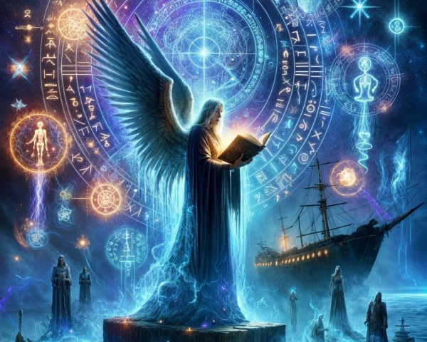 Ethereal angel on glowing platform with cosmic symbols