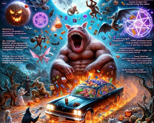 Halloween Scene with Classic Car and Magical Creatures