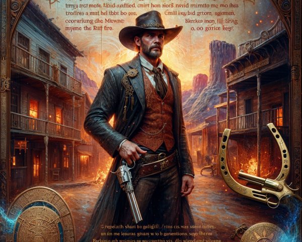 Antique Framed Digital Painting of Cowboy at Sunset