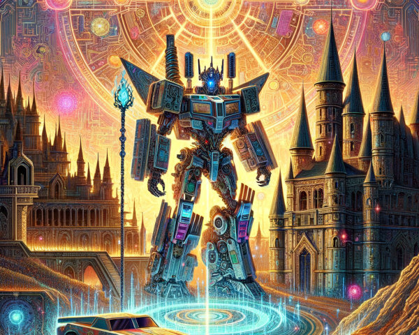 Futuristic Landscape with Colossal Robot and Castles