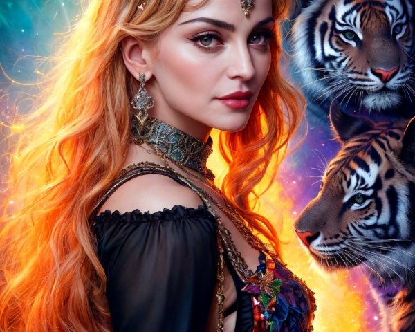 Fantasy Portrait of Woman with Orange Hair and Tigers