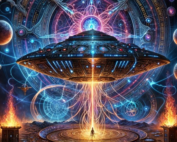 Cosmic Scene with UFO and Vibrant Energy Portal