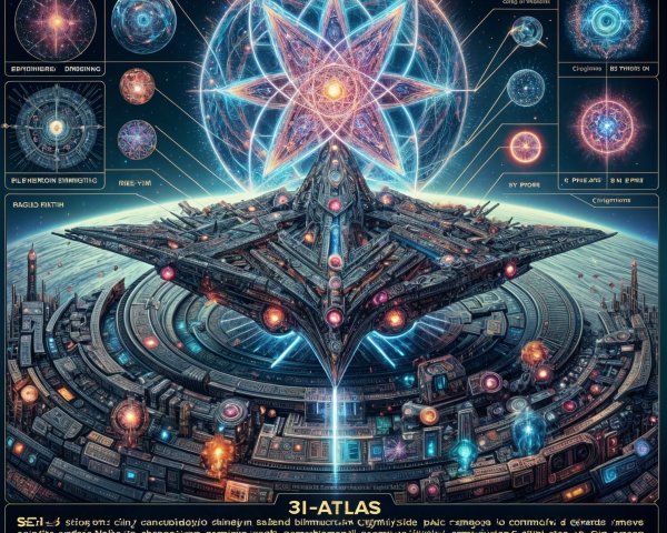 Celestial Scene with Spaceship and Stellar Diagrams