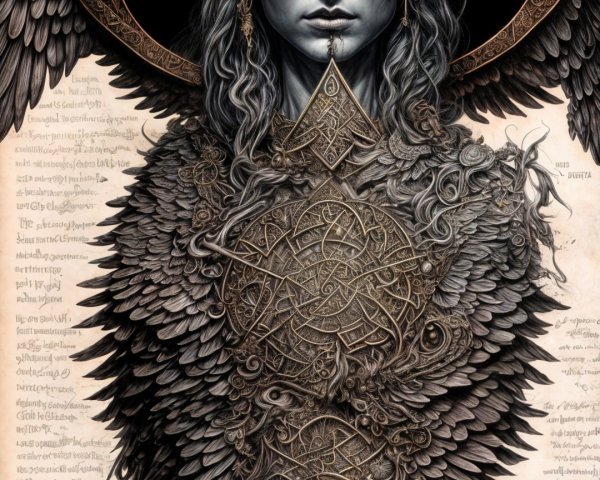 Armored Figure with Ethereal Elements and Dark Halo